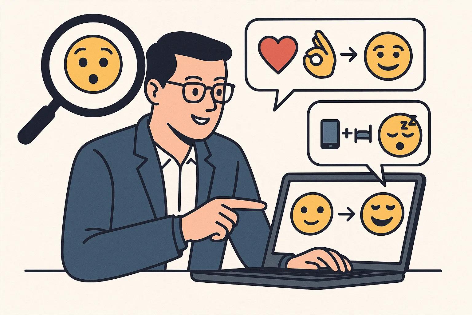 Emoji decoder showing various emoji combinations being translated to text