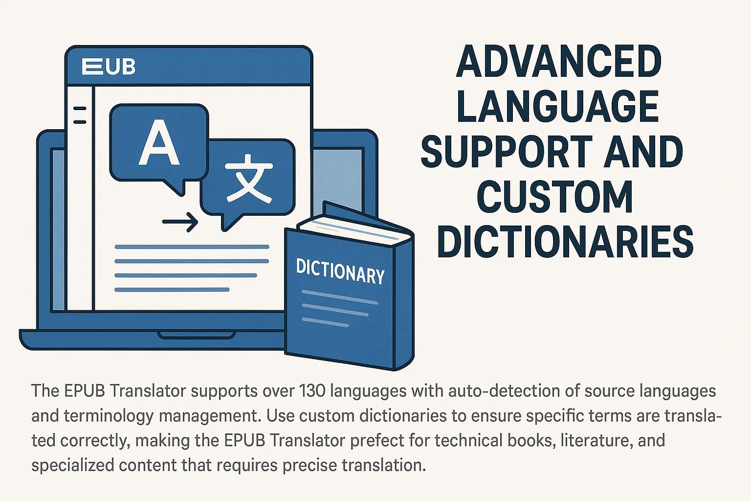 Epub Translator language selection and custom dictionary features